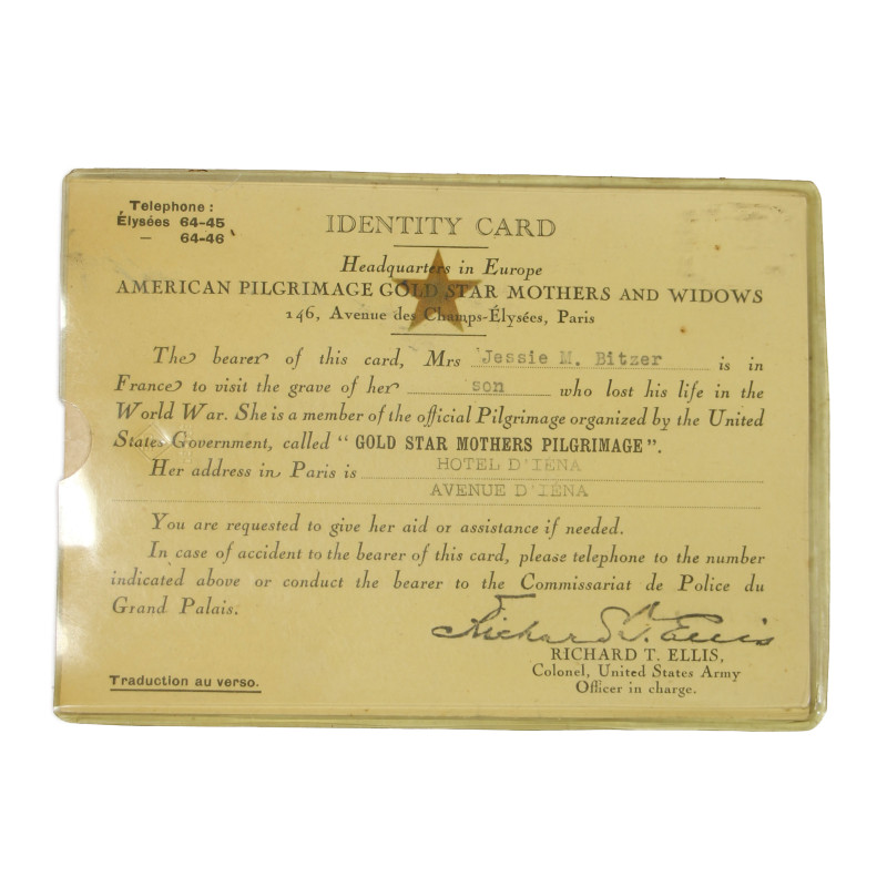 Laissez-passer, GOLD STAR MOTHERS PILGRIMAGE, mère du Pfc. Russell Bitzer, AEF, KIA, 30 juillet 1918