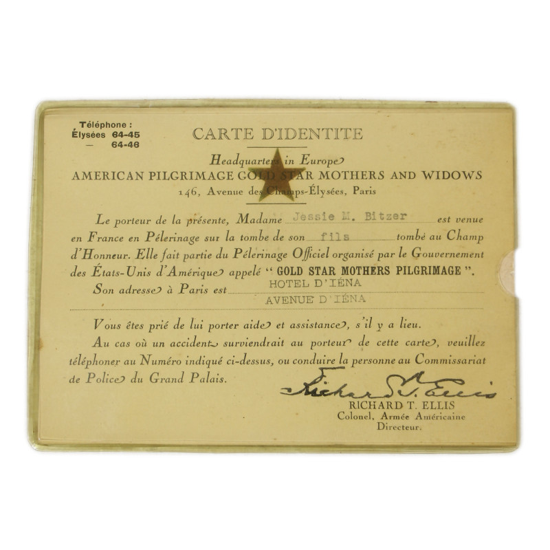Laissez-passer, GOLD STAR MOTHERS PILGRIMAGE, mère du Pfc. Russell Bitzer, AEF, KIA, 30 juillet 1918