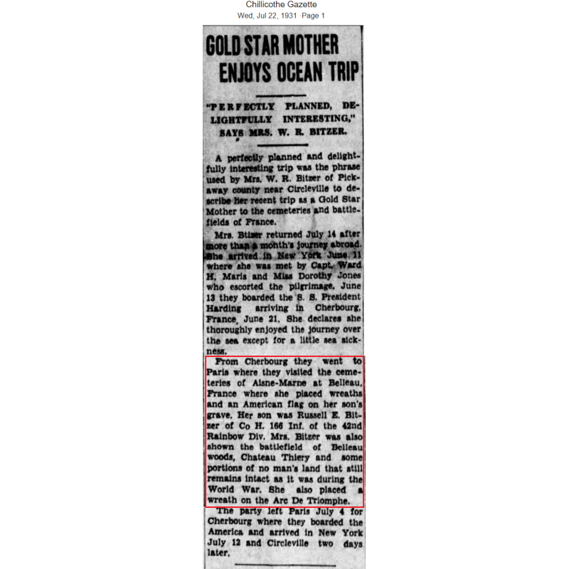 Laissez-passer, GOLD STAR MOTHERS PILGRIMAGE, mère du Pfc. Russell Bitzer, AEF, KIA, 30 juillet 1918
