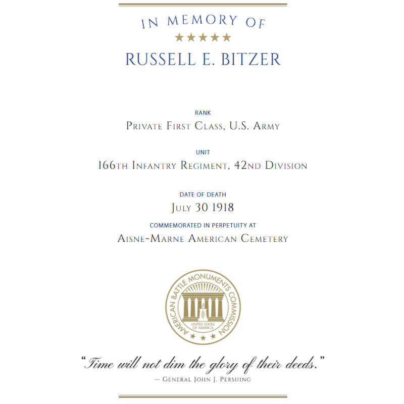 Pass, GOLD STAR MOTHERS PILGRIMAGE, Mother of Pfc. Russell Bitzer, AEF, KIA, July 30, 1918