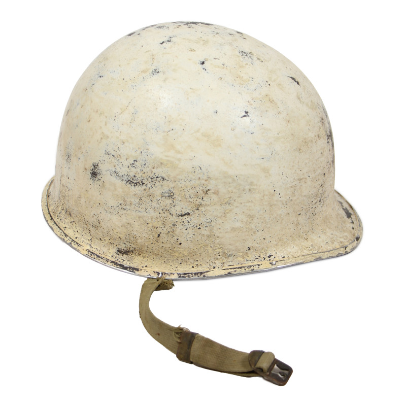 Casque M1, pattes fixes, camouflage blanc, Bataille des Ardennes, liner Westinghouse