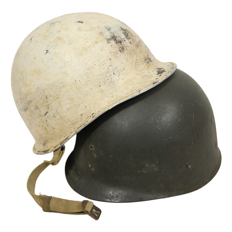 Casque M1, pattes fixes, camouflage blanc, Bataille des Ardennes, liner Westinghouse