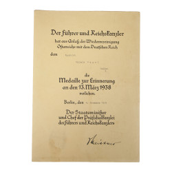 Diplôme d'attribution, Medaille zur Erinnerung an den 13. März 1938 (Anschluss), 4 novembre 1939