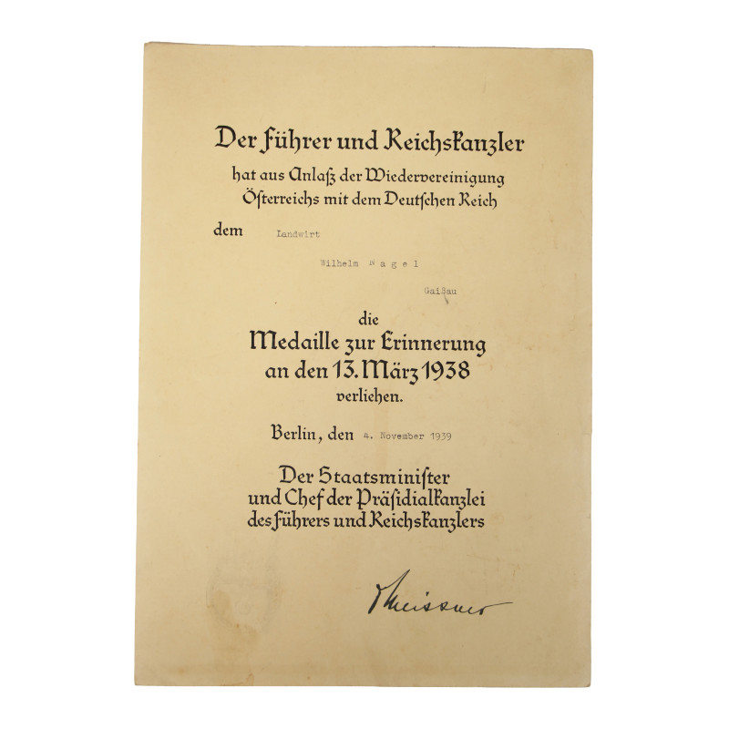 Certificate, Award, Medaille zur Erinnerung an den 13. März 1938 (Anschluss), November 4, 1939