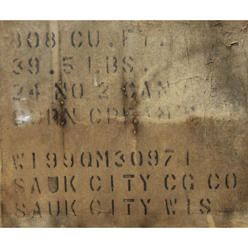 Carton de ration, boîtes de conserve, maïs, SAUK CITY CANNING CO., vide