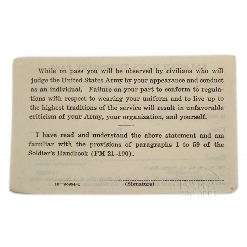 Pass, Temporary, Enlisted Man's, US Army, 1942