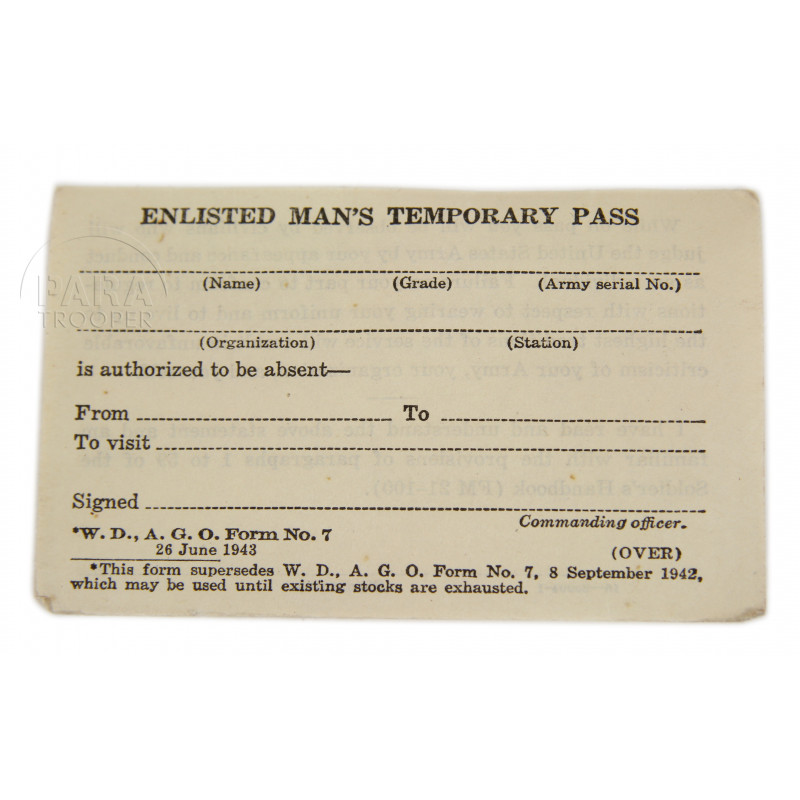 Pass, Temporary, Enlisted Man's, US Army, 1942