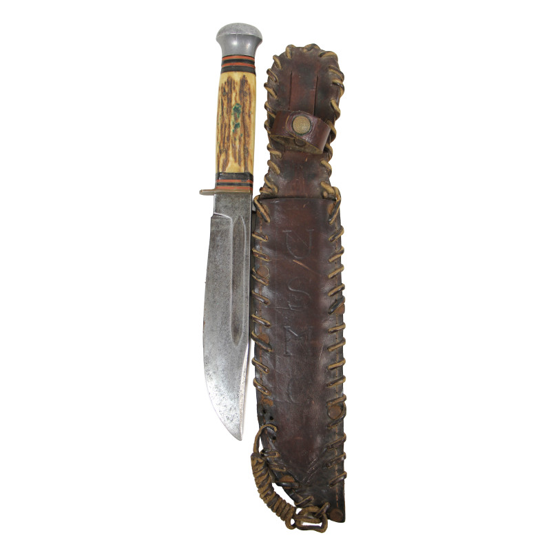 Couteau de combat, acquisition personnelle, avec fourreau en cuir artisanal, USMC