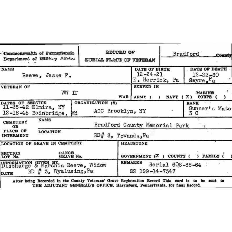 Plaque d'identité, "Finger Print", GM3c Jesse Reeve, US Navy, 1942