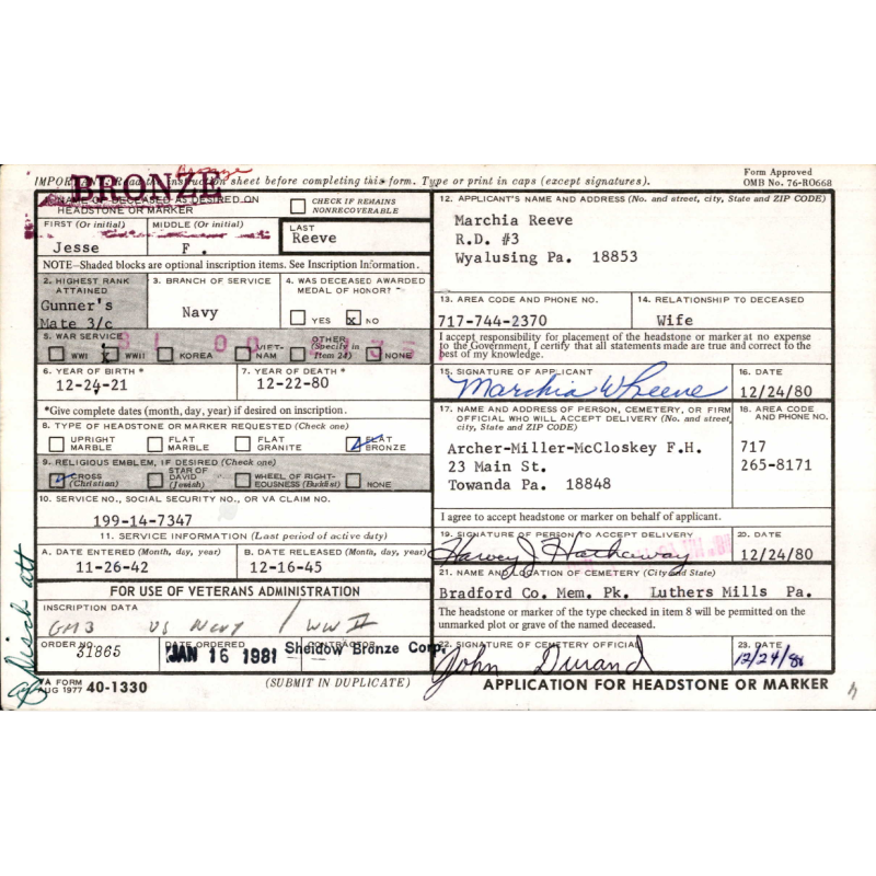Plaque d'identité, "Finger Print", GM3c Jesse Reeve, US Navy, 1942