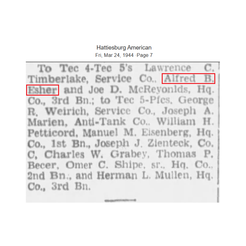 Grouping, T/4 Alfred Esher, Hq. Co., 2nd Bn., 272nd Inf. Regt., 69th Infantry Division, ETO