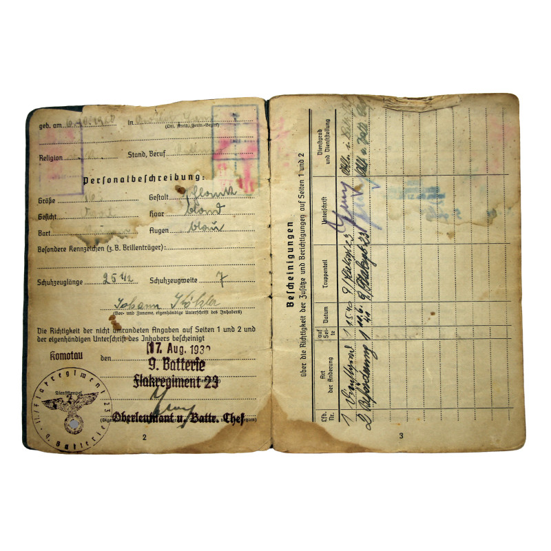 Soldbuch, Ob. Gefr. Johann Köhler, Fallschirmjäger-Flak-Abteilung 2, 2. Fallschirmjäger-Division