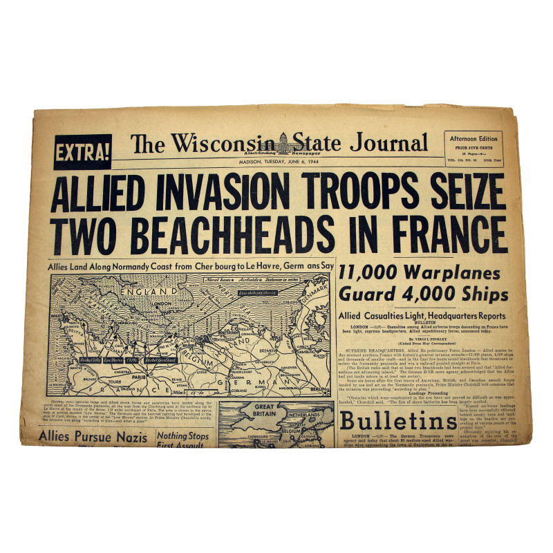 Journal, The Wisconsin State Journal, 6 juin 1944, "Allied Invasion Troops Seize Two Beachheads in France"
