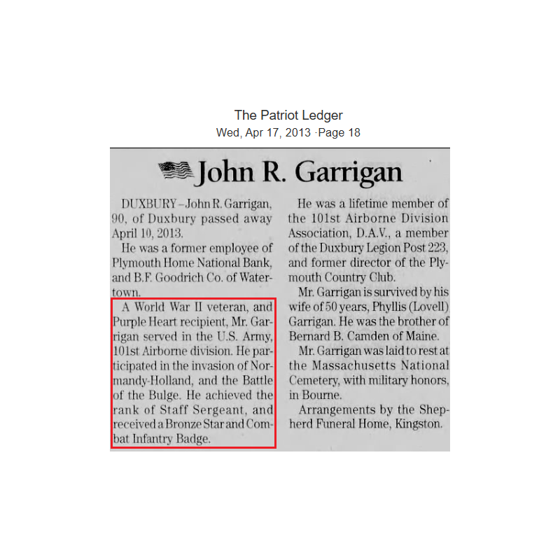 Bag, Duffle, S/Sgt. John Garrigan, Co. B, 506th PIR, 101st Airborne Division, ETO