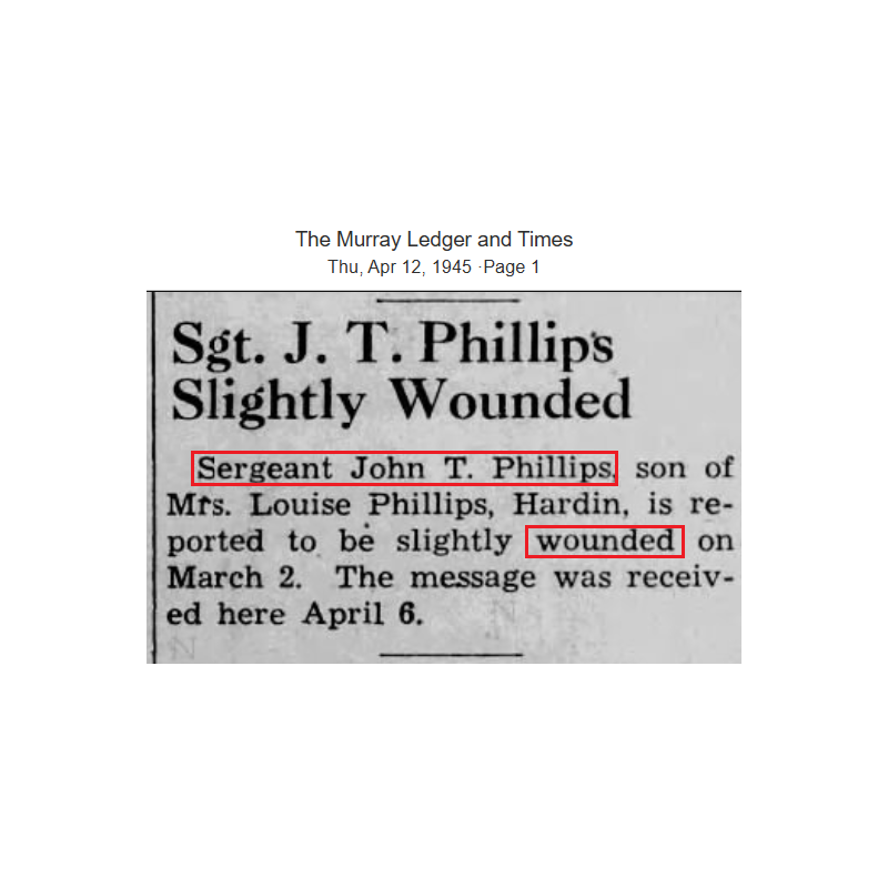 Grouping, Sgt. John Phillips, Co. H, 395th Inf. Regt., 99th Infantry Division, WIA, ETO