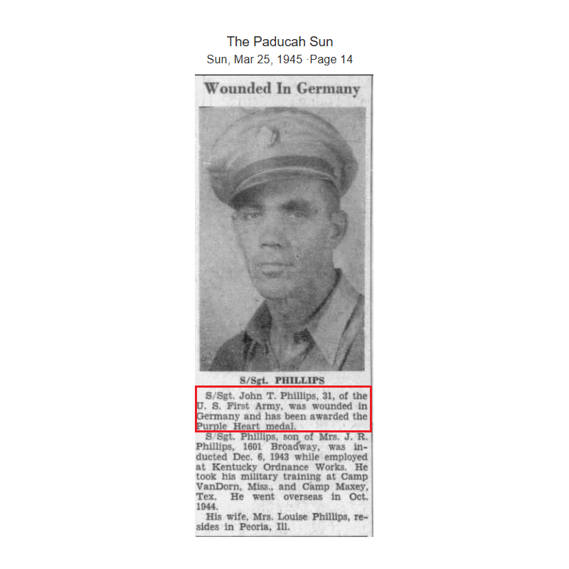 Grouping, Sgt. John Phillips, Co. H, 395th Inf. Regt., 99th Infantry Division, WIA, ETO
