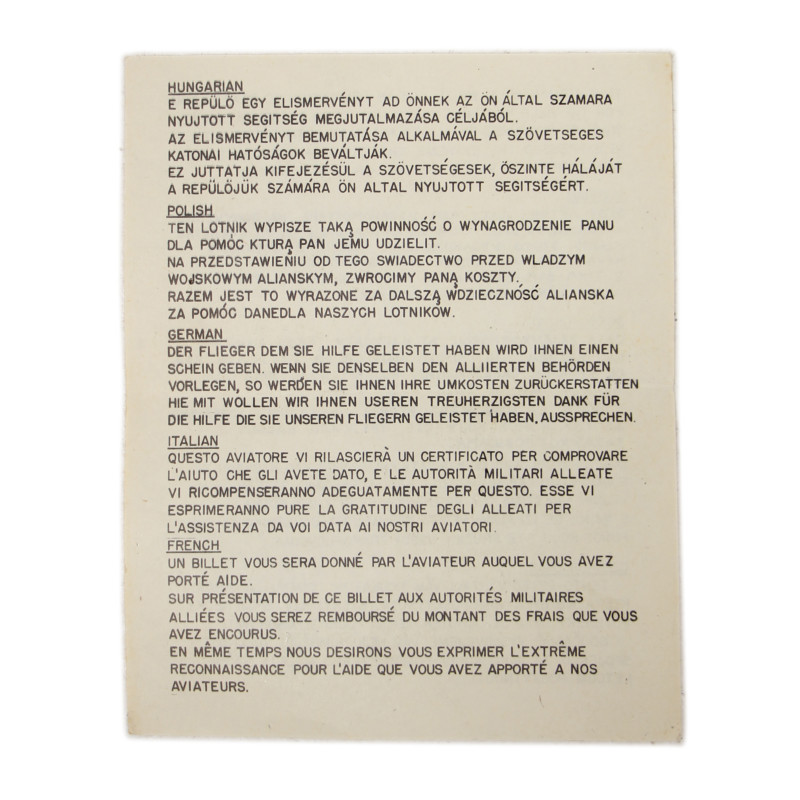 Carte d'identité, Blood Chit, T/Sgt. Charles Lind, mitrailleur, B-17, 342nd BS, 97th BG, 15th Air Force, USAAF, ETO & MTO