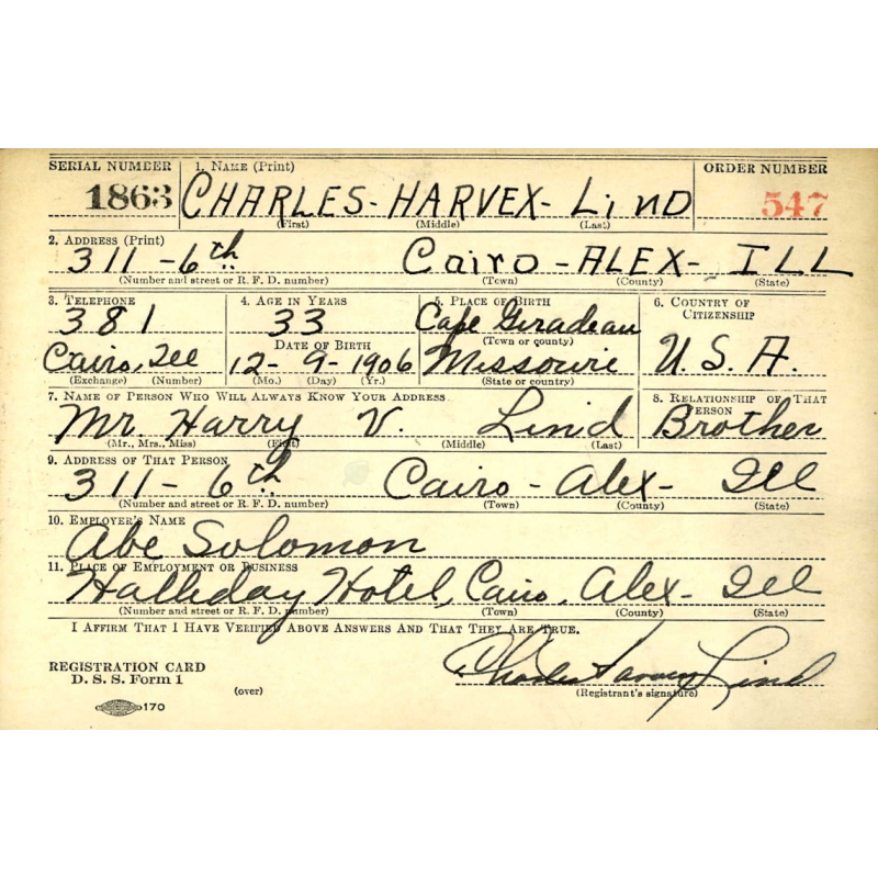 Carte d'identité, Blood Chit, T/Sgt. Charles Lind, mitrailleur, B-17, 342nd BS, 97th BG, 15th Air Force, USAAF, ETO & MTO