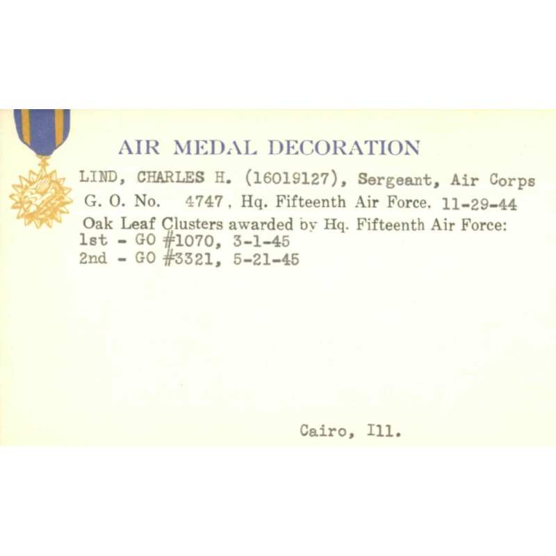 Card, Identification, Blood Chit, T/Sgt. Charles Lind, Tail Gunner, B-17, 342nd BS, 97th BG, 15th Air Force, USAAF, ETO & MTO