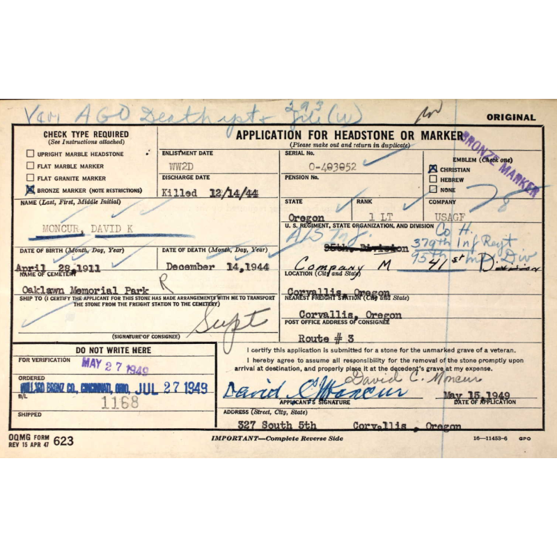 Cap, Visor, Officer's, US Army, 1st Lt. David Moncur, Co. H, 379th Inf. Regt., 95th Infantry Division, KIA, December 14, 1944