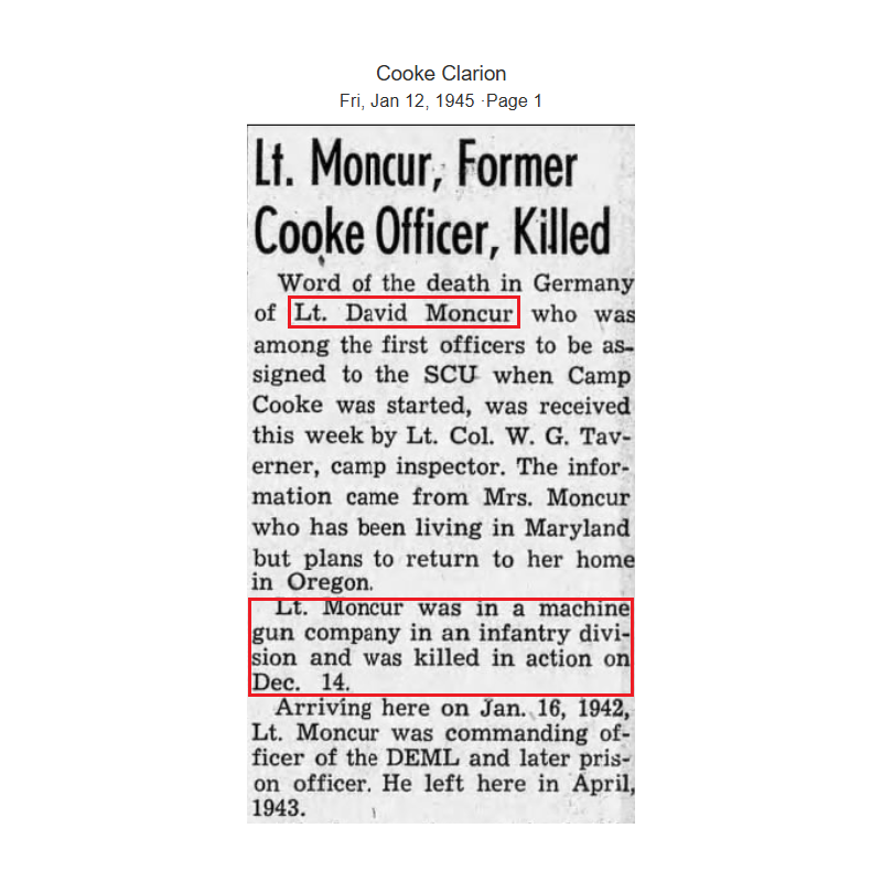 Cap, Visor, Officer's, US Army, 1st Lt. David Moncur, Co. H, 379th Inf. Regt., 95th Infantry Division, KIA, December 14, 1944